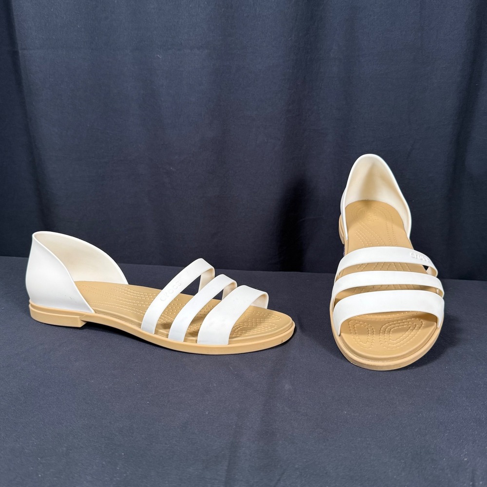 Crocs Tulum Open Flat Strappy Slide Sandal White Tan D'Orsay Slip On 206107-160